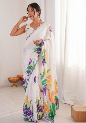White Abstract Chiffon Saree Set