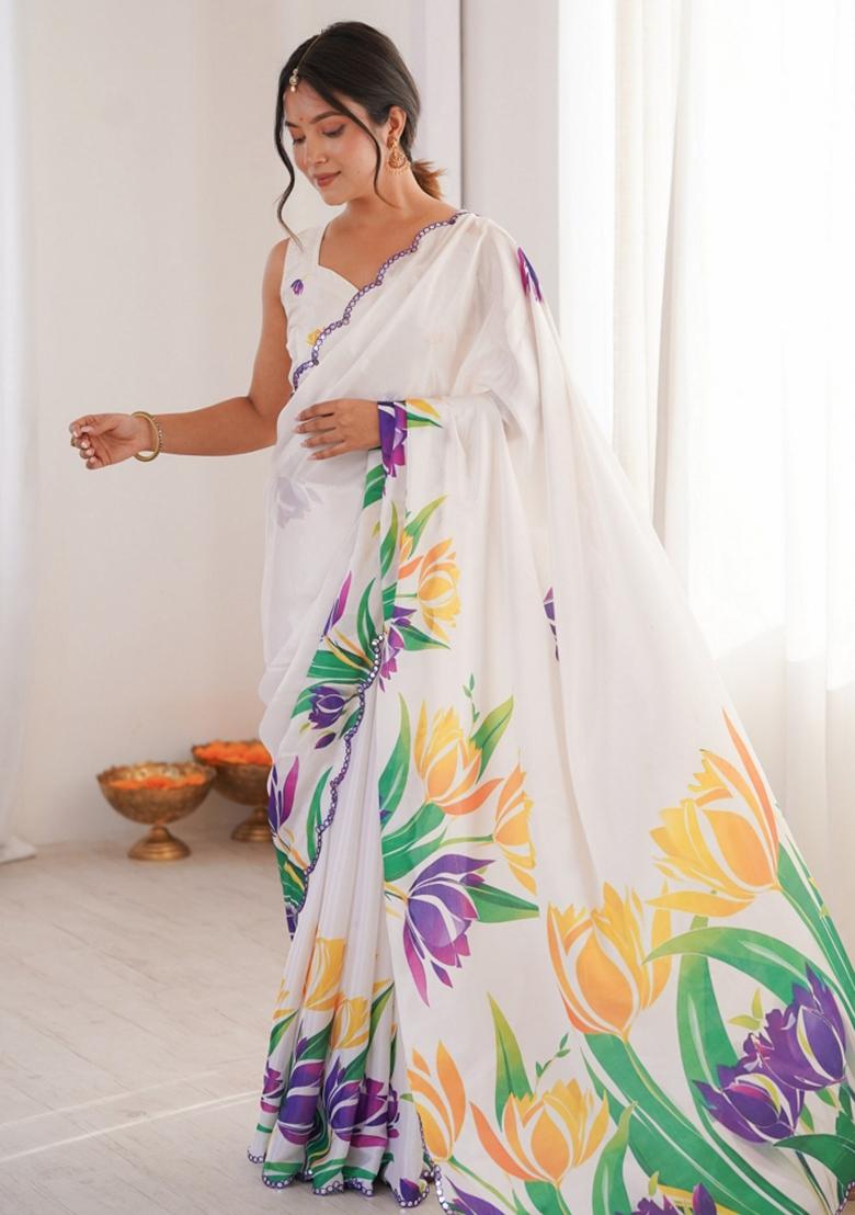 White Abstract Chiffon Saree Set - Indya