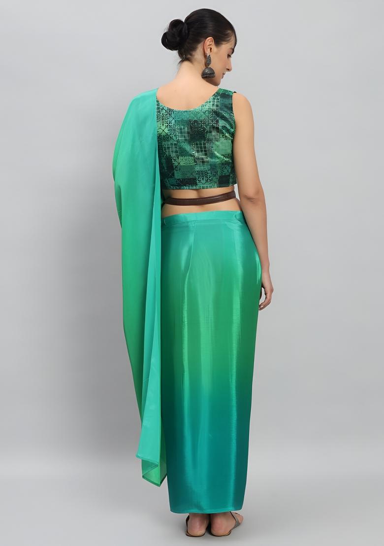 Green Abstract Chiffon Saree Set - Indya