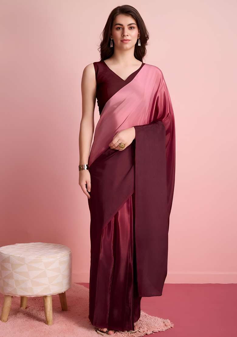 Coffee Abstract Chiffon Saree Set for Diwali and Festive Wear - Indya