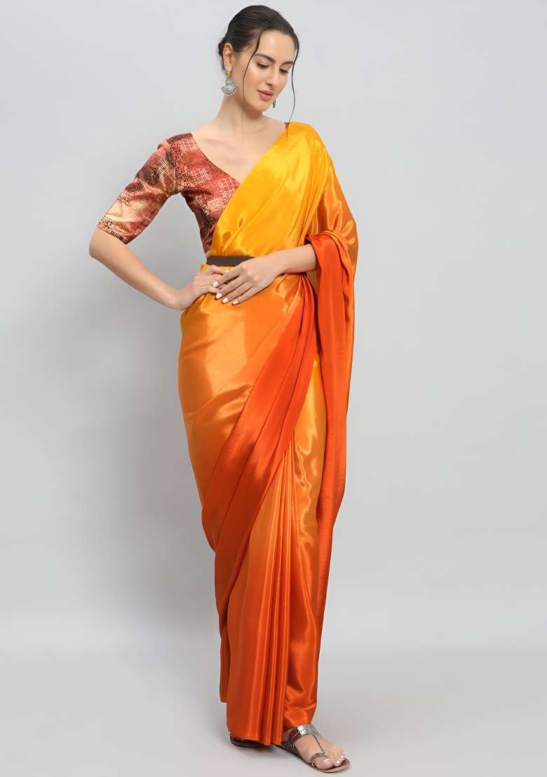 Yellow Abstract Chiffon Saree Set for Diwali and Festive Wear - Indya