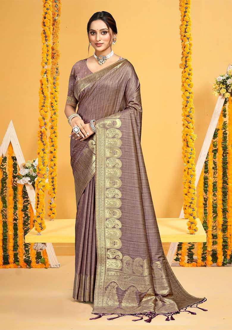Brown Silk Saree Set with Zari Work for Diwali | Wedding & Festive Wear - Indya
