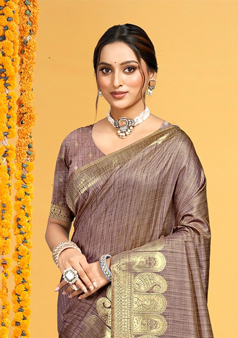 Brown Zari Work Silk Saree Set - Indya