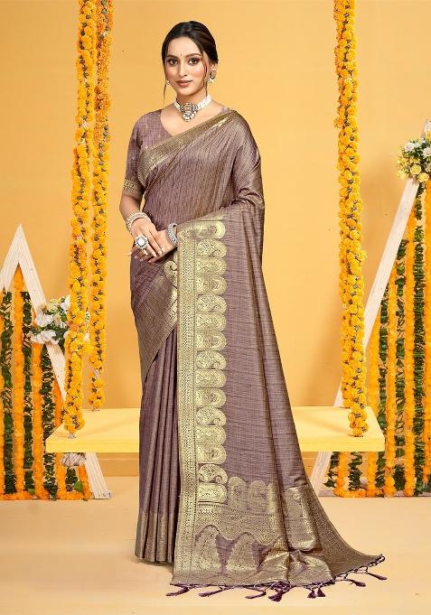 Brown Zari Work Silk Saree Set