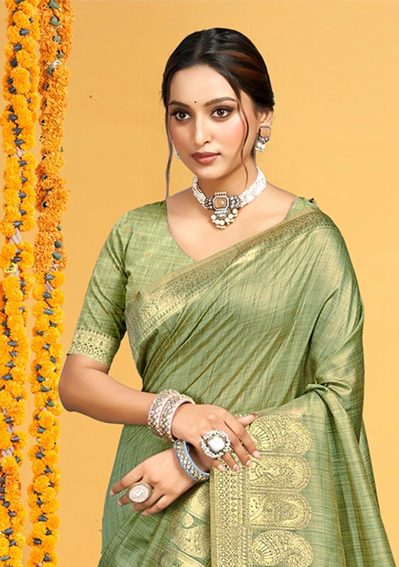 Green Zari Work Silk Saree Set - Indya