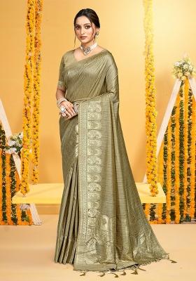 Beige Zari Work Silk Saree Set