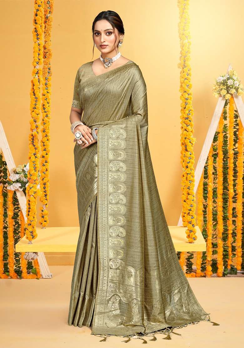 Beige Zari Work Silk Saree Set for Diwali and Festive Wear - Indya