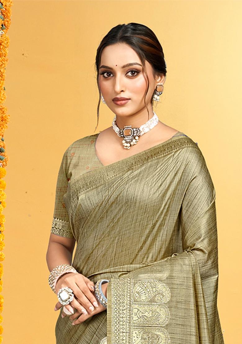 Beige Zari Work Silk Saree Set - Indya