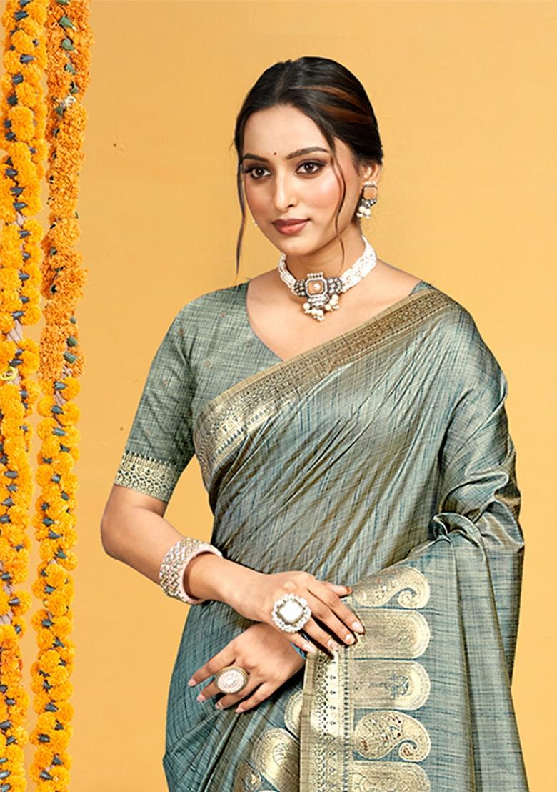 Teal Zari Work Silk Saree Set - Indya