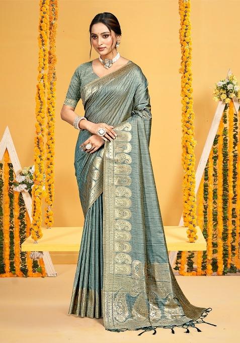 Teal Zari Work Silk Saree Set