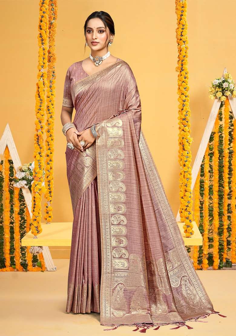Mauve Silk Saree Set with Zari Work for Diwali | Wedding & Festive Wear - Indya