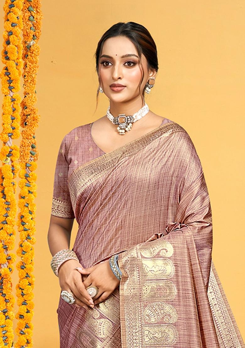 Mauve Zari Work Silk Saree Set - Indya