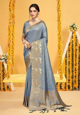 Grey Zari Work Silk Saree Set