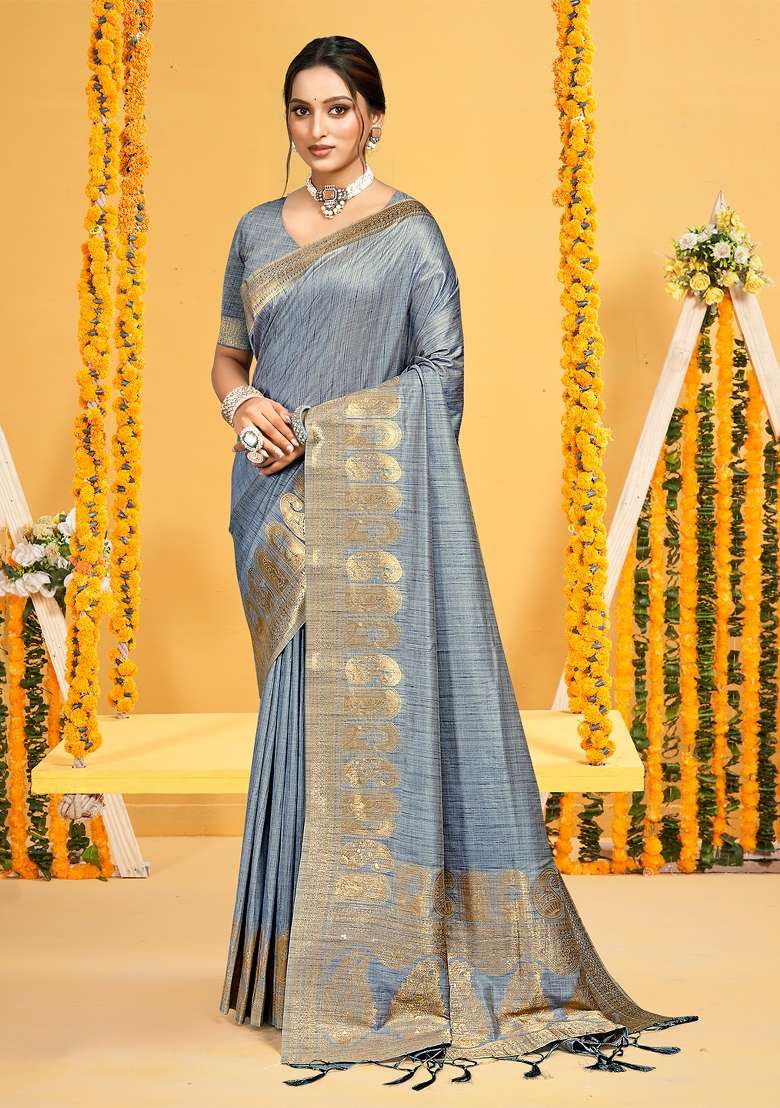 Grey Zari Work Silk Saree Set for Diwali and Festive Wear - Indya