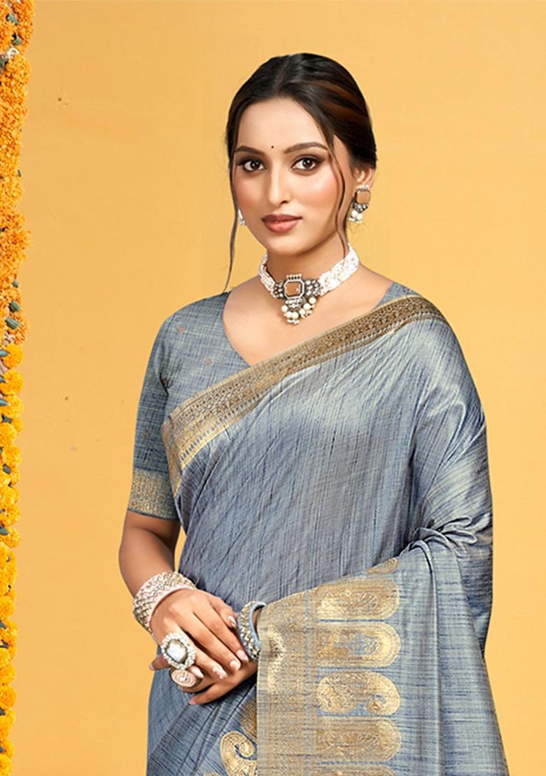 Grey Zari Work Silk Saree Set - Indya