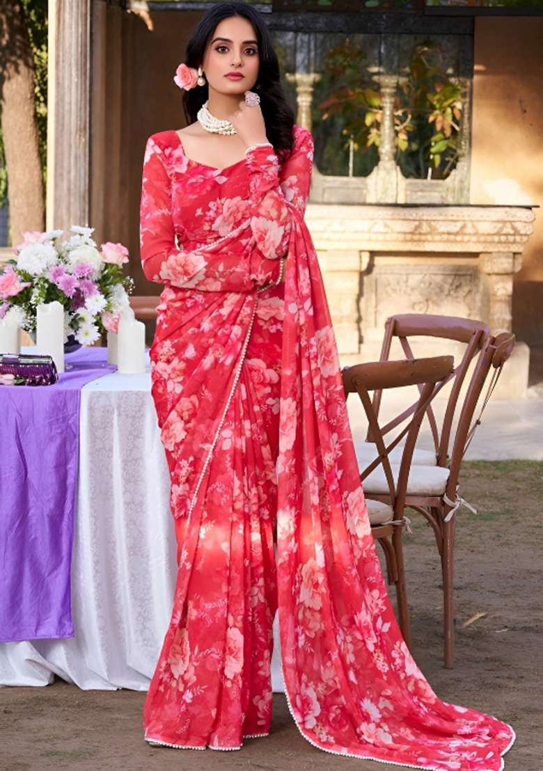 Red Floral Print Georgette Saree Set for Diwali and Festive Wear - Indya