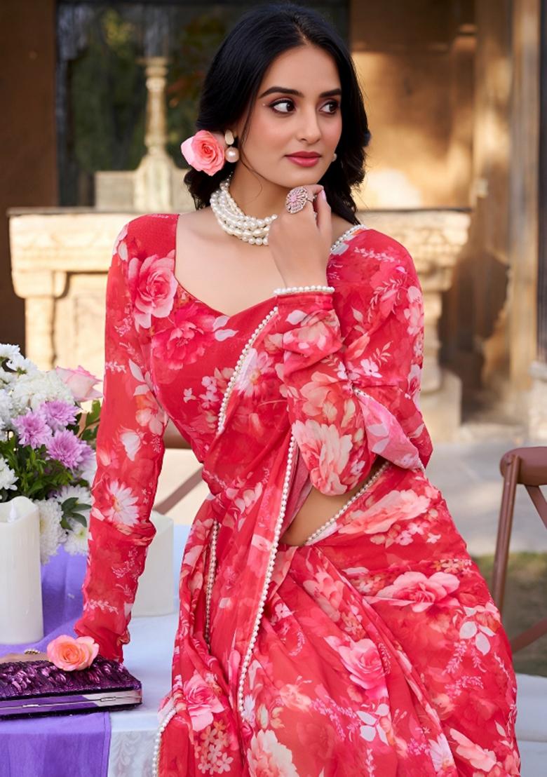 Red Floral Print Georgette Saree Set - Indya