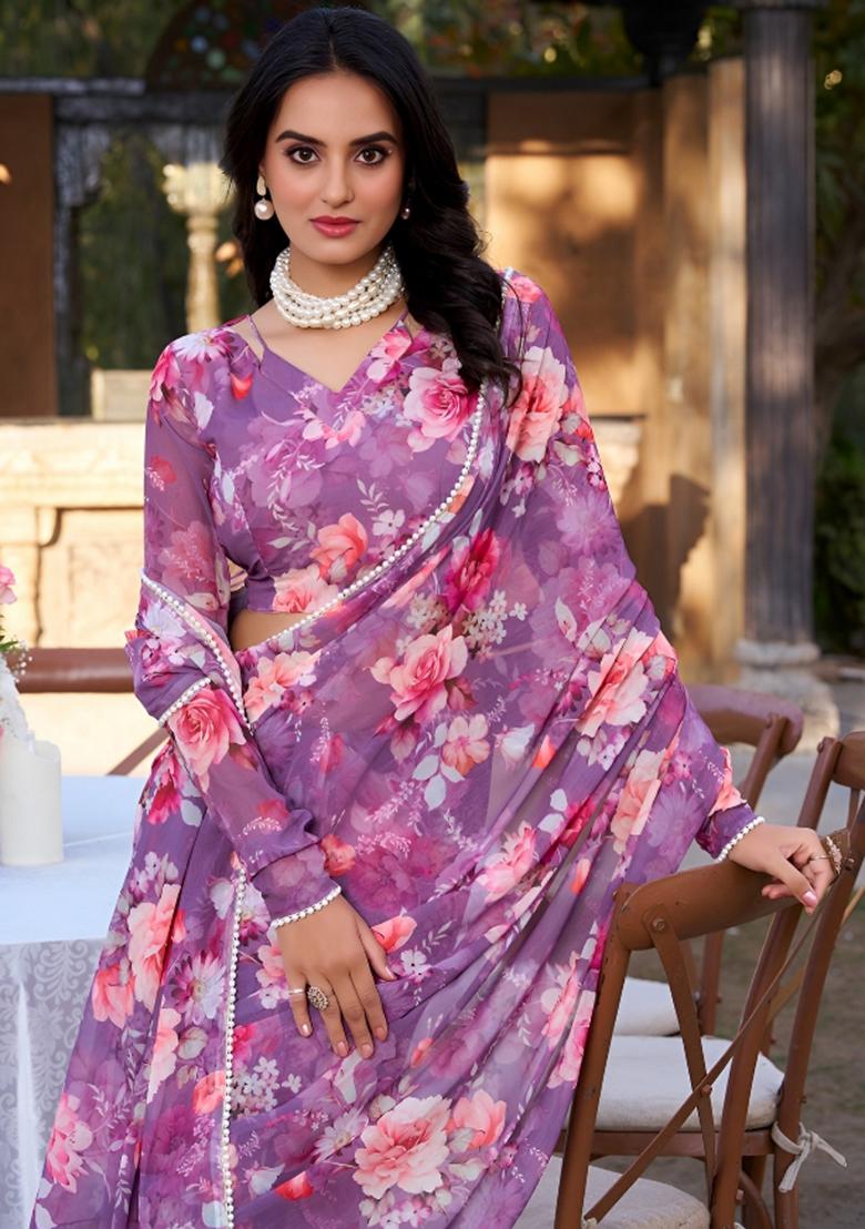 Purple Floral Print Georgette Saree Set - Indya