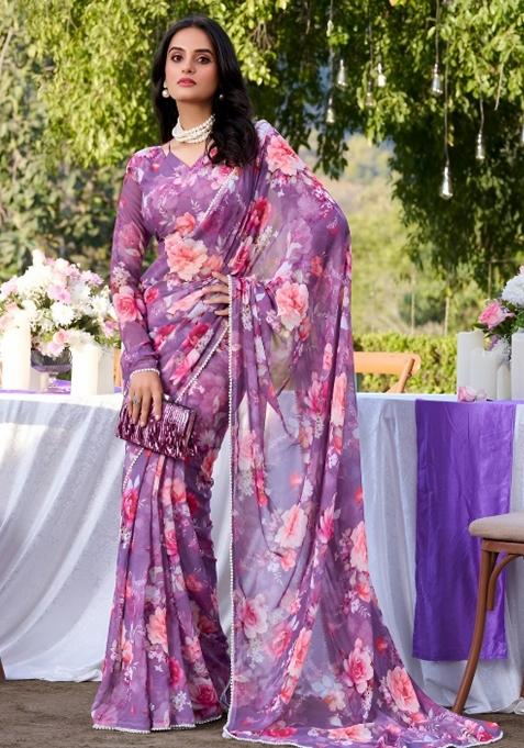 Purple Floral Print Georgette Saree Set