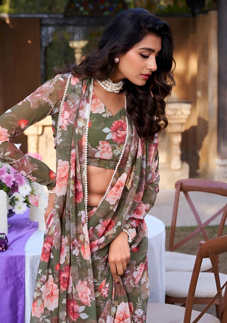 Green Floral Print Georgette Saree Set - Indya