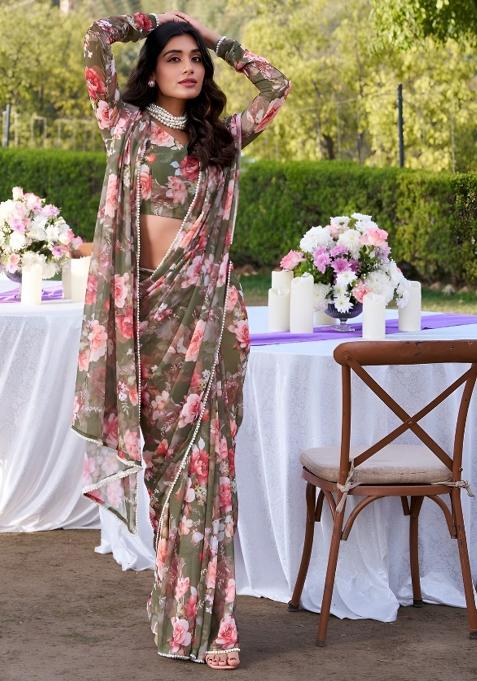 Green Floral Print Georgette Saree Set