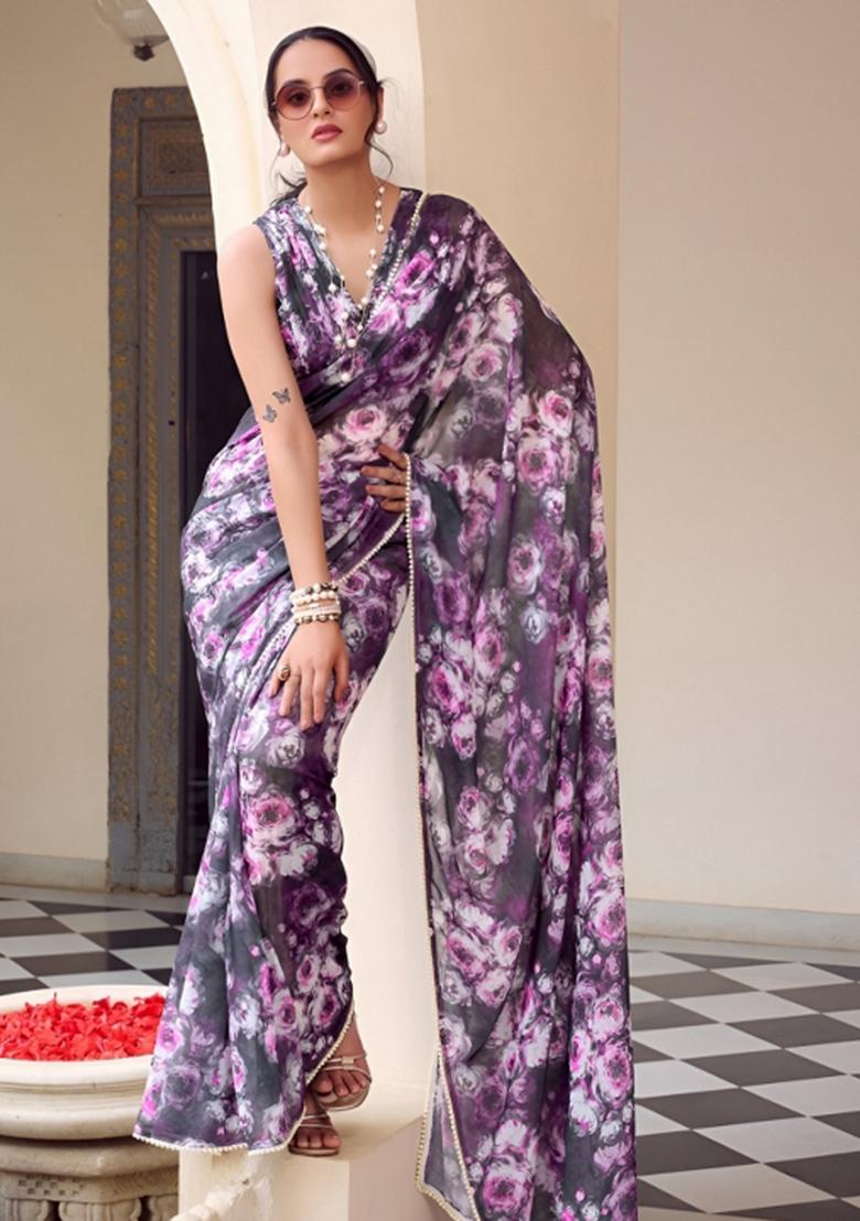 Purple Floral Print Georgette Saree Set - Indya