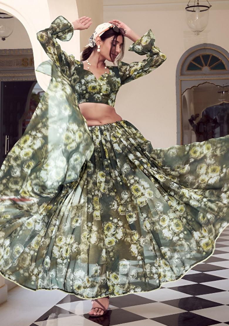 Green Floral Print Georgette Saree Set - Indya