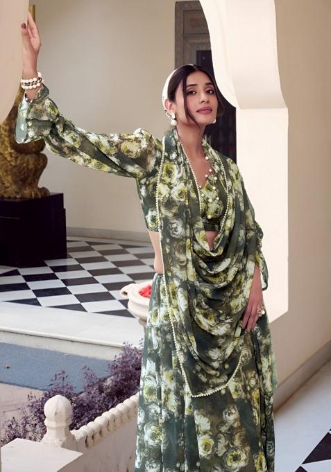 Green Floral Print Georgette Saree Set