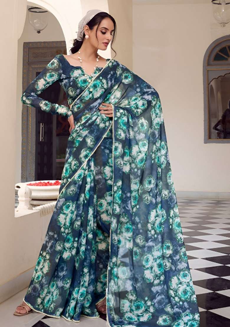 Teal Floral Print Georgette Saree Set for Diwali and Festive Wear - Indya