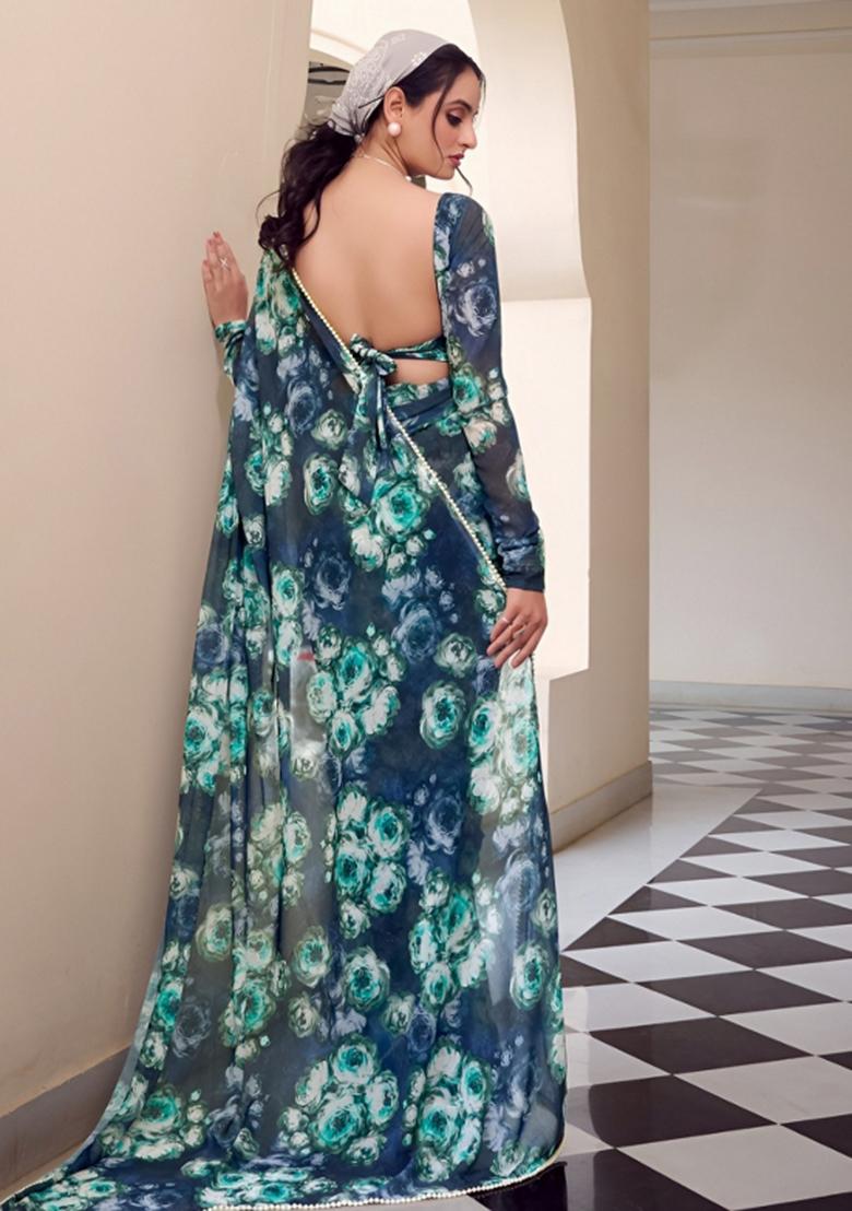 Teal Floral Print Georgette Saree Set - Indya