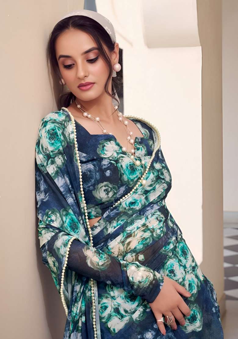 Teal Floral Print Georgette Saree Set for Diwali and Festive Wear - Indya