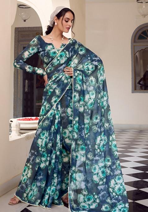 Teal Floral Print Georgette Saree Set