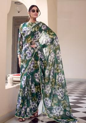 Green Floral Print Georgette Saree Set