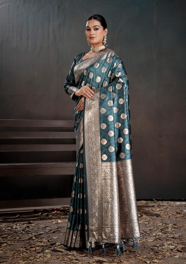 Teal Zari Work Silk Saree Set - Indya