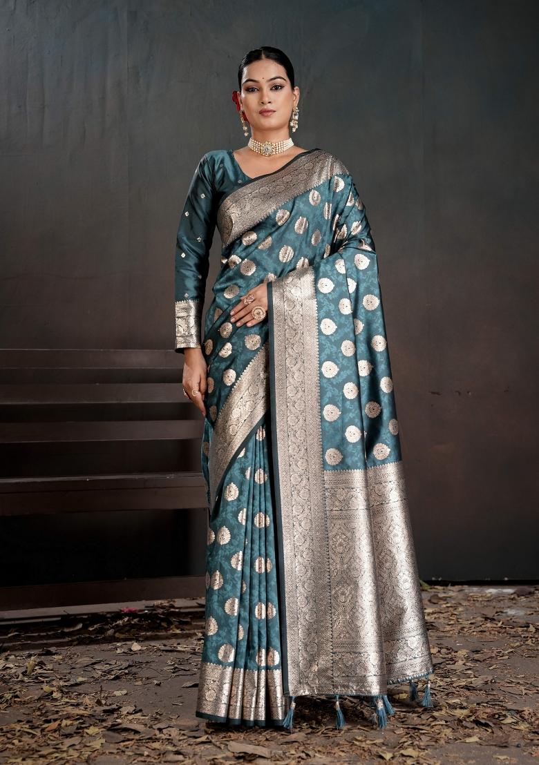 Teal Zari Work Silk Saree Set - Indya