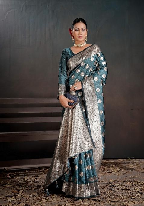 Teal Zari Work Silk Saree Set