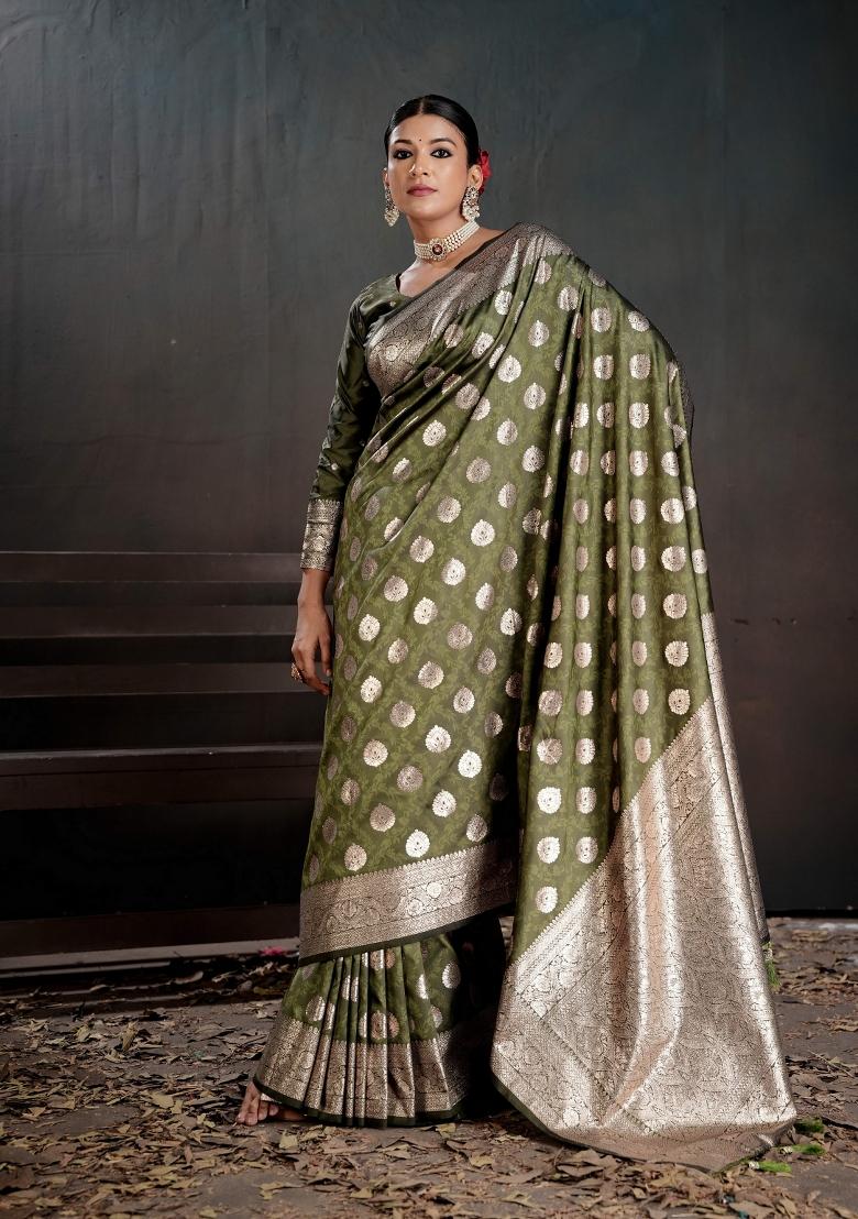 Green Zari Work Silk Saree Set - Indya