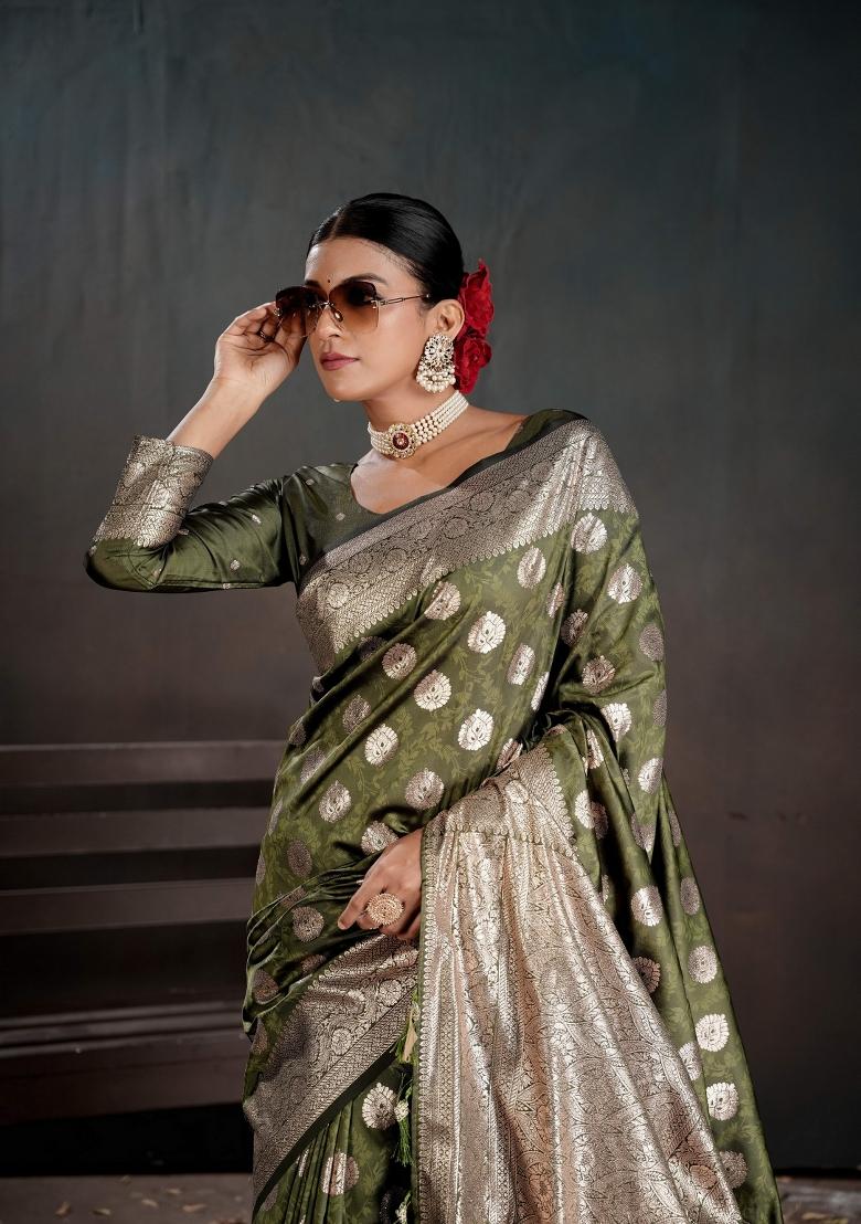 Green Zari Work Silk Saree Set - Indya