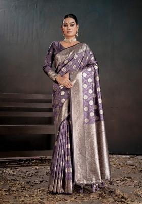 Purple Zari Work Silk Saree Set