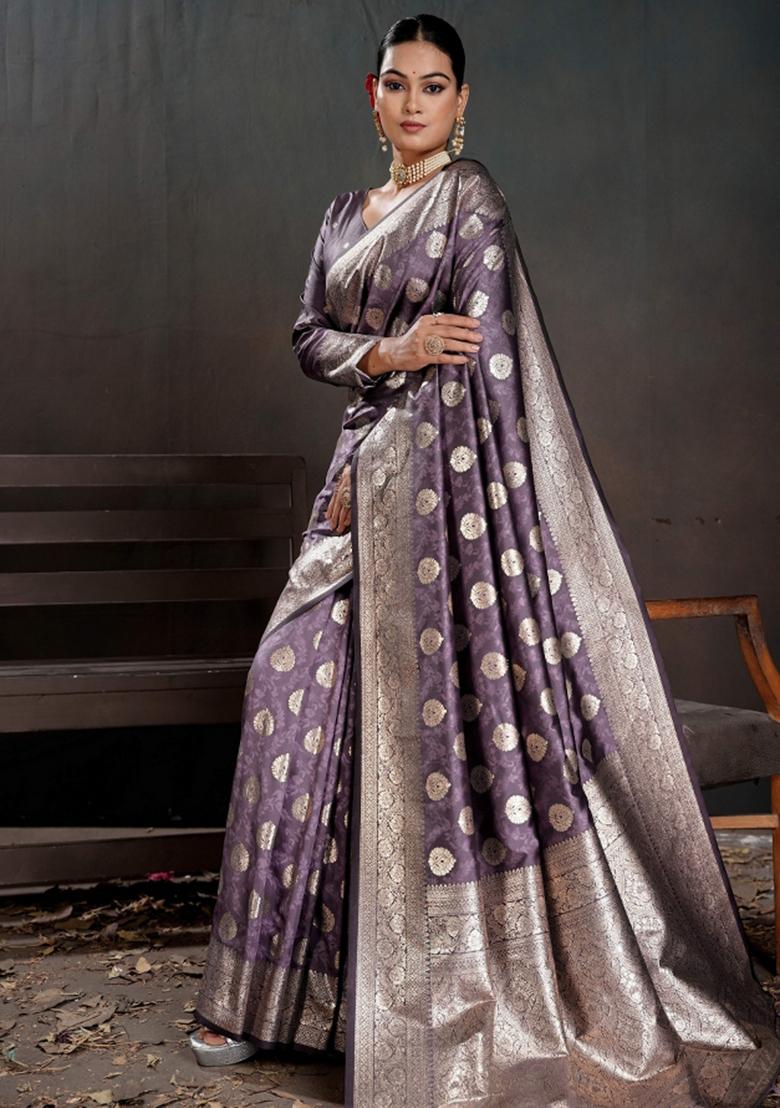 Purple Zari Work Silk Saree Set - Indya