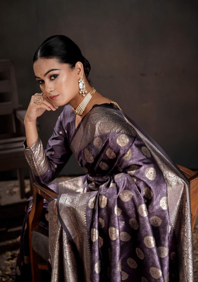 Purple Zari Work Silk Saree Set - Indya