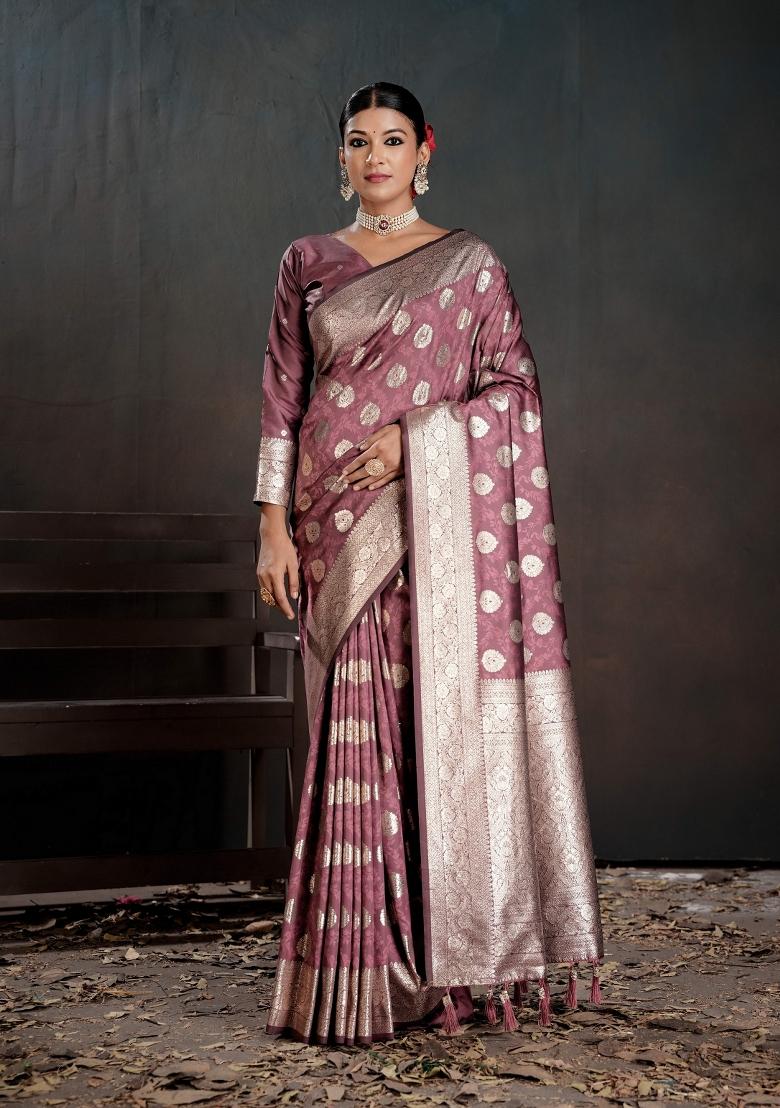 Pink Zari Work Silk Saree Set - Indya