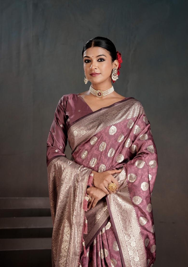 Pink Zari Work Silk Saree Set - Indya