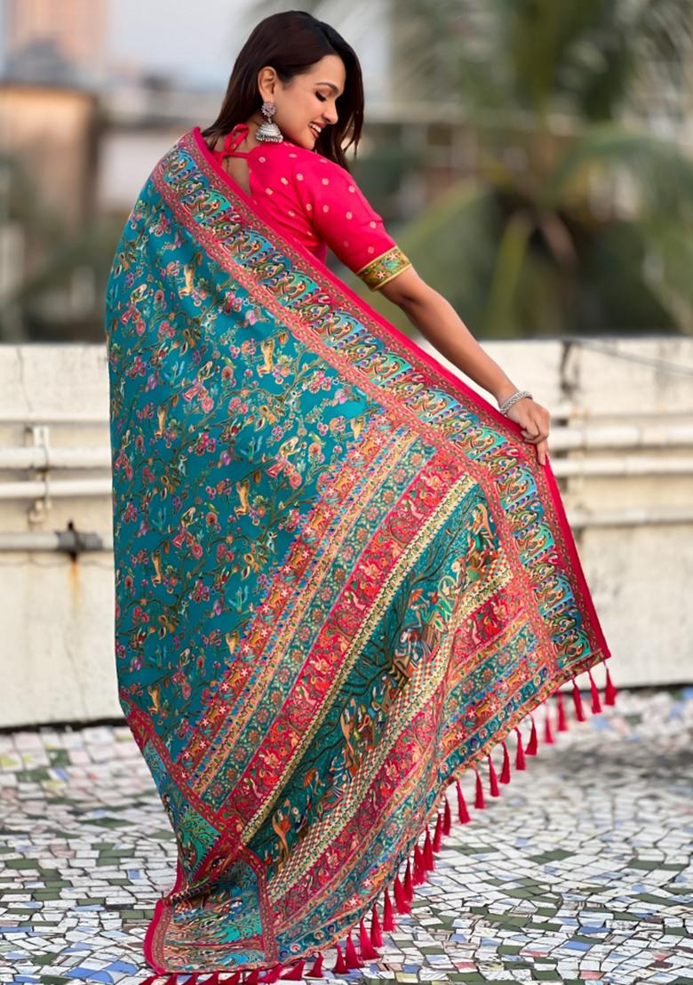 Green Abstract Viscose Saree Set - Indya