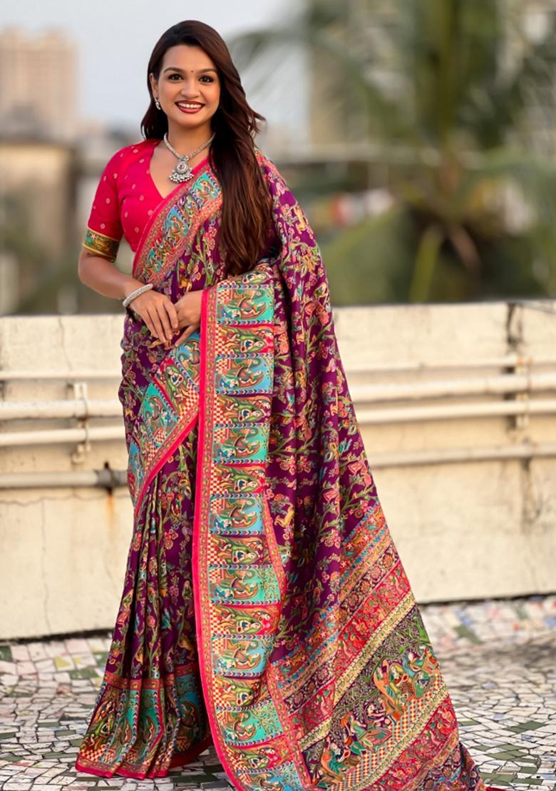 Wine Abstract Viscose Saree Set - Indya