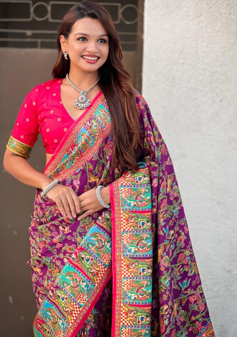 Wine Abstract Viscose Saree Set - Indya