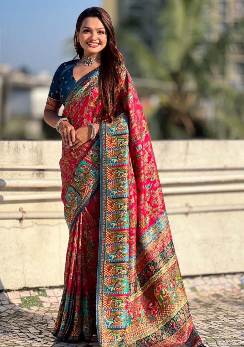 Pink Abstract Viscose Saree Set - Indya