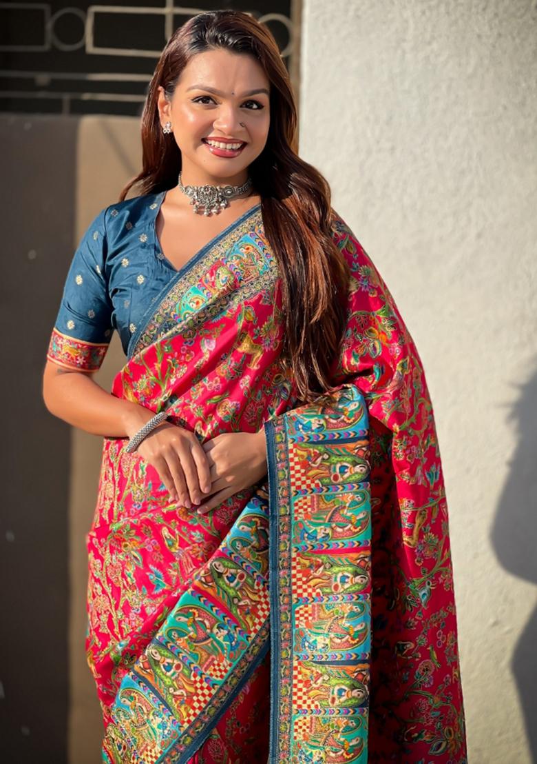 Pink Abstract Viscose Saree Set - Indya