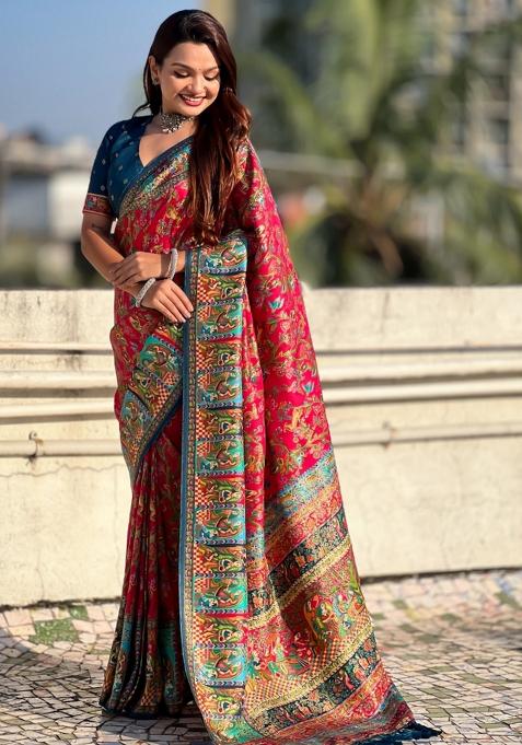 Pink Abstract Viscose Saree Set