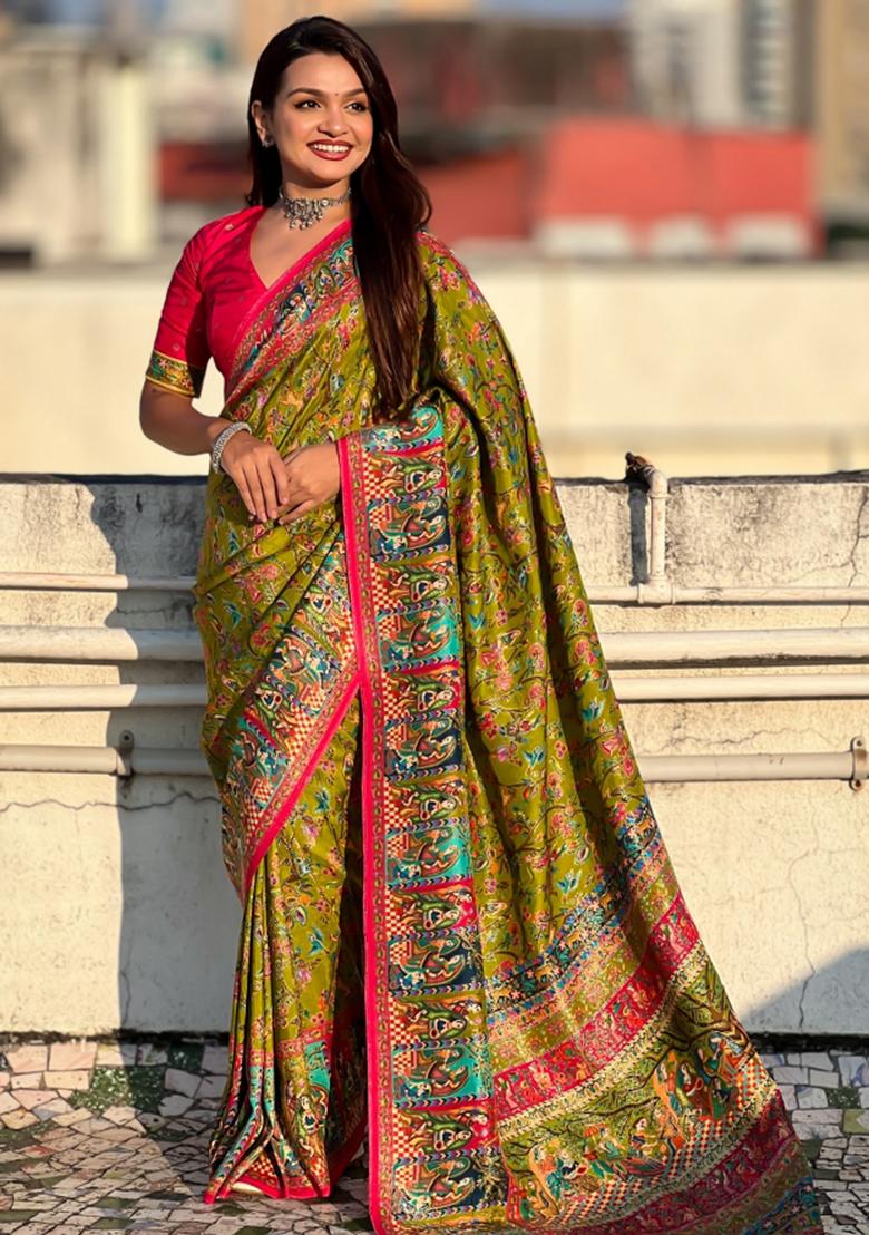 Green Abstract Viscose Saree Set - Indya